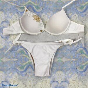 Brazilian Size Small White Beaded Side Tie Bikini Set. New With Tags